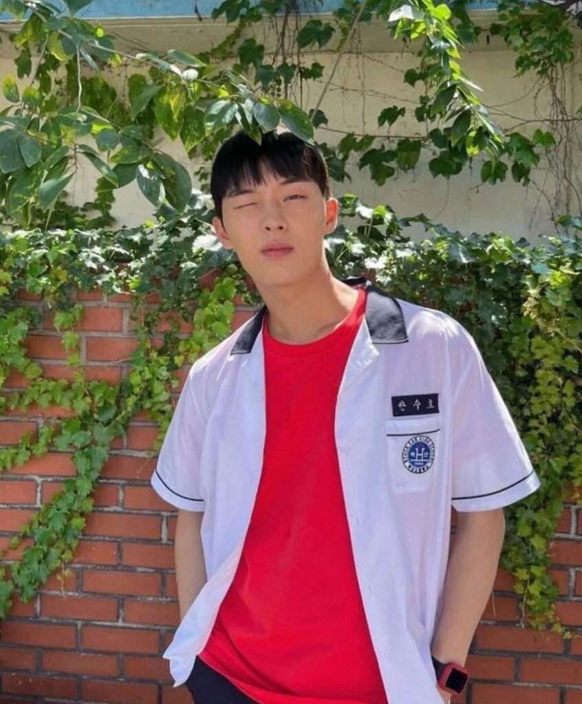 Actor Choi Hyun-wook as Ahn Su-ho in school uniform from Weak Hero Class 1, portraying the character's blend of teenage vulnerability and mature responsibility. © Weak Hero Class 1, Wavve/Netflix. Used under fair use for educational analysis and criticism. No copyright infringement intended.
