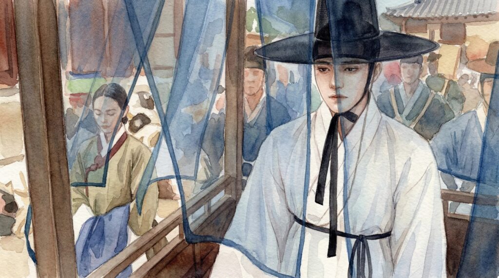 King Danjong in a white hanbok being sent into exile in a palanquin during the 1457 Joseon Dynasty