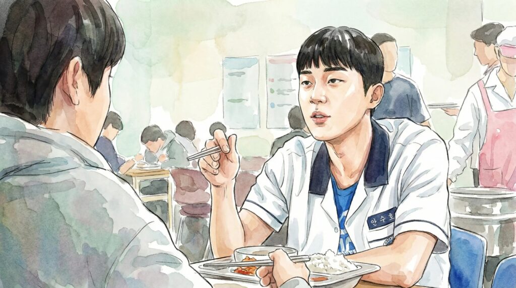 Weak Hero cafeteria scene with Suho Si-eun and Beomseok