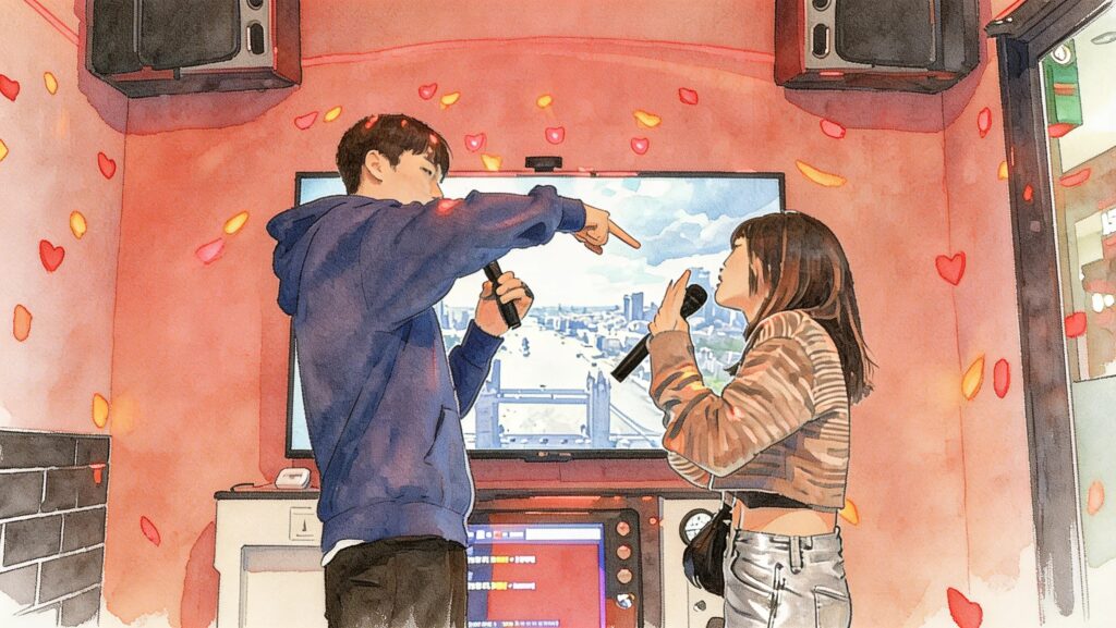 Su-ho and Yeong-i singing together at karaoke while Beom-seok sits in the background in Weak Hero Class 1